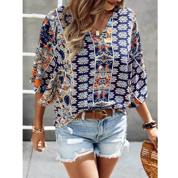 Printed Blue Multicolor Batwing Sleeve V-Neck Blouse Top - Picture 3 of 7